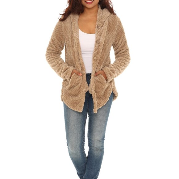 Textured Plush Button-Up Hoodie With Pocket - Picture 4 of 5